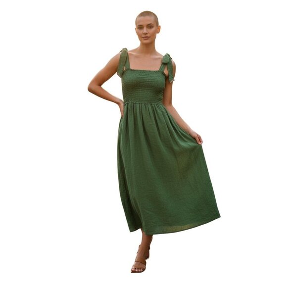 Caryn Lawn Linen Blend Lily Dress Green Midi Smocked Bodice Bow Straps small - Picture 1 of 9